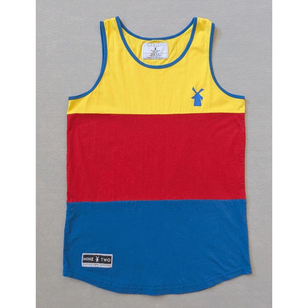 Dutch Bros Nine Two Color Block Tank Top Large Yellow Red Blue 100% Cotton